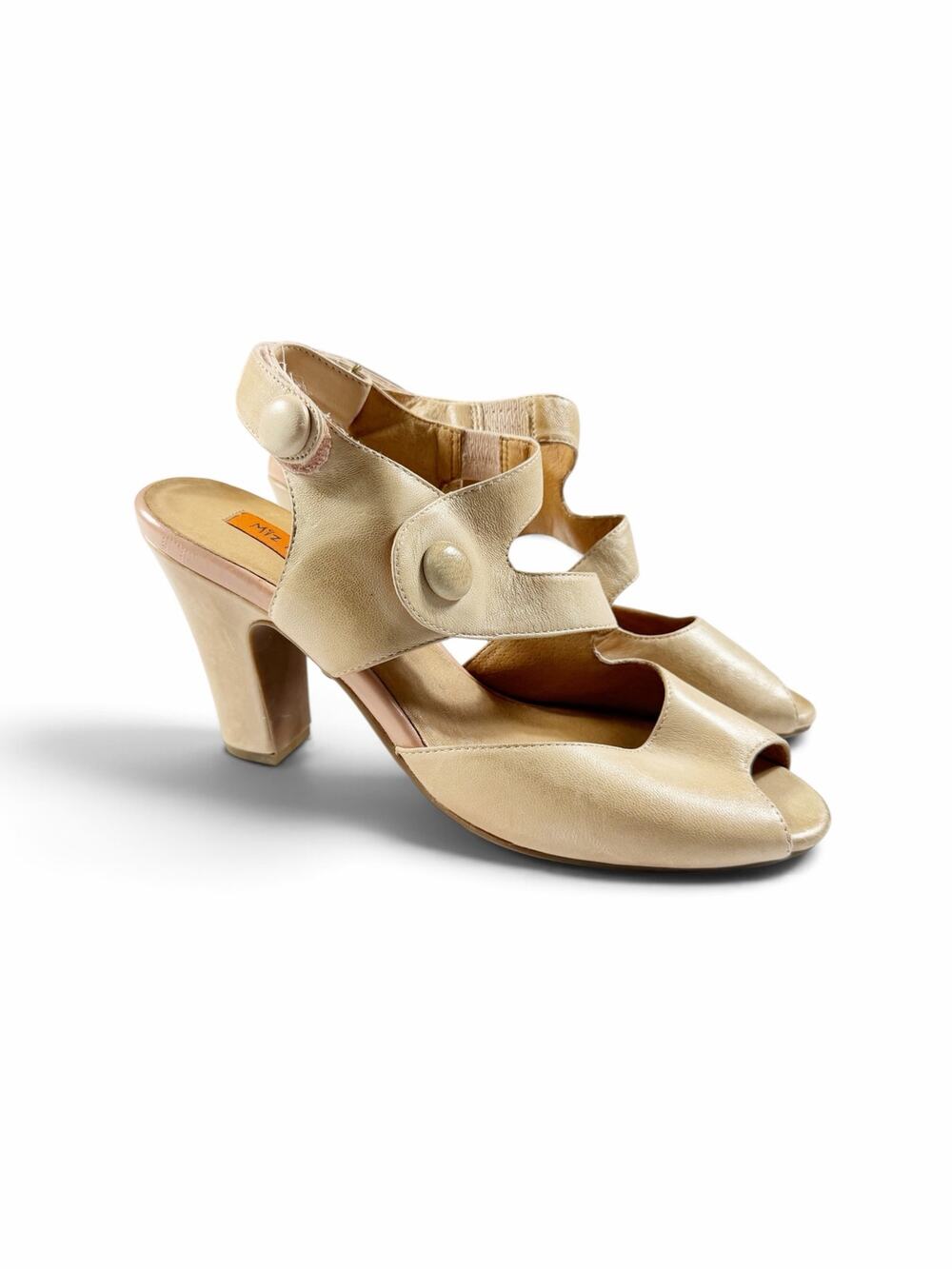 Miz Mooz Women’s Leather Peep Toe Block Heel Sandals Beige Size 8